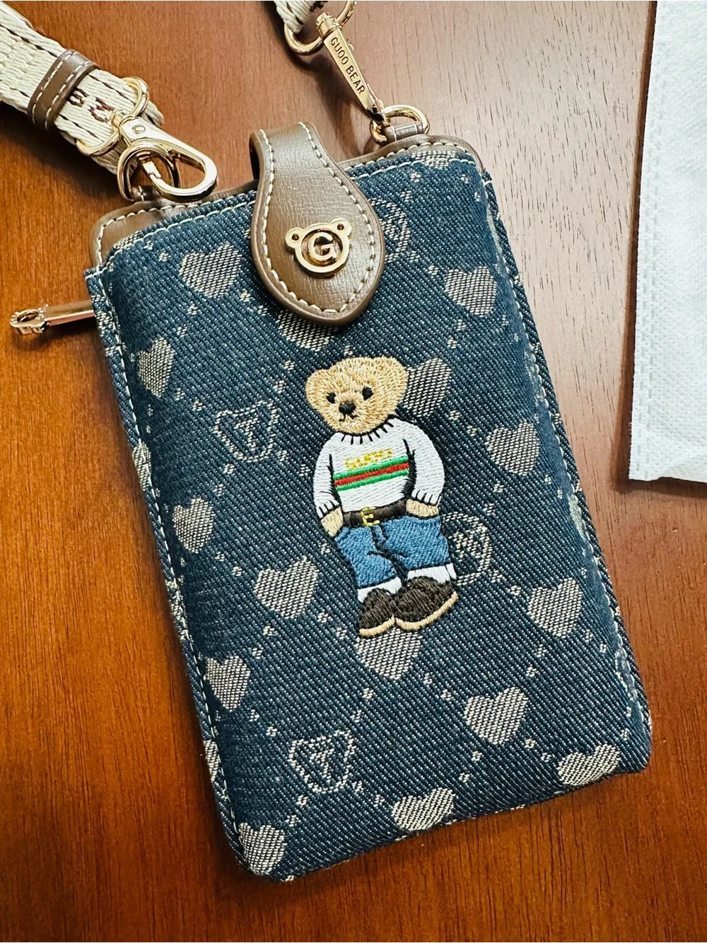 Guoo Bear Navy Phone/Wallet Crossbody with Dust Bag - Picture 3 of 7